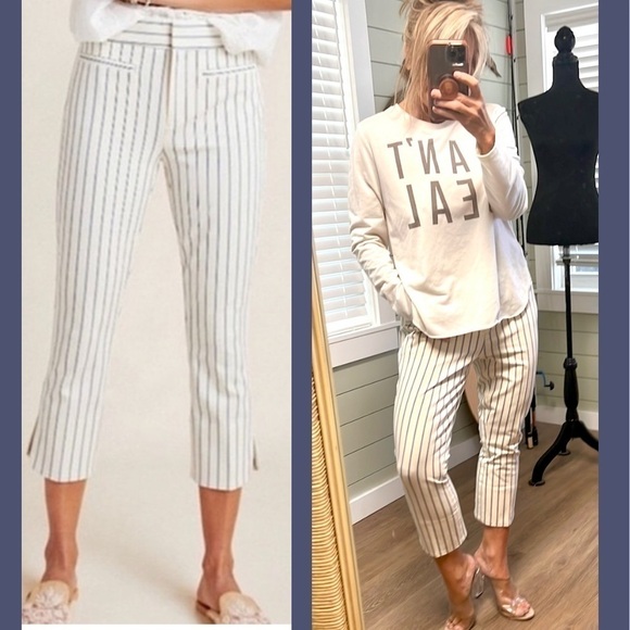 ANTHROPOLOGIE The Essential Slim Striped Cropped Pants Stretch
Cream/Blue Size 8 - Picture 4 of 10